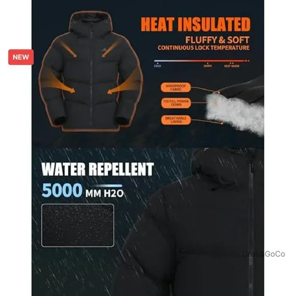 Men's Down Puffer Jacket 700 Fill Insulated Winter Coat Water-Repellent